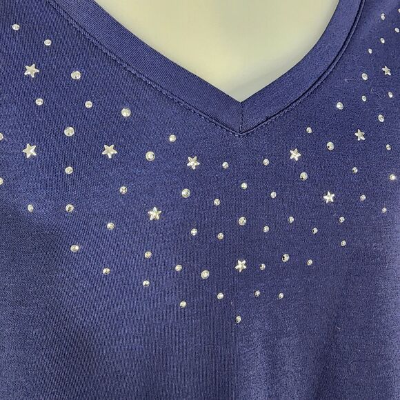 Studio Works Top Medium Blue V Neck Embellishments Beaded Stars 3/4 Sleeve NWT - Picture 4 of 11